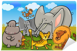 African Safari Wild Animals Cartoon Illustration Wall - Zoo Animals Seek And Find Activity Book (400x400)