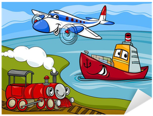 Plane Ship Train Cartoon Illustration Sticker • Pixers® - Planes, Trains, & Boats Coloring Book (400x400)