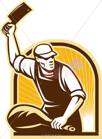 Stock Illustration Of Retro Cartoon Rendition Of Butcher - Butcher Knife Leg Of Ham Retro Banner (340x463)