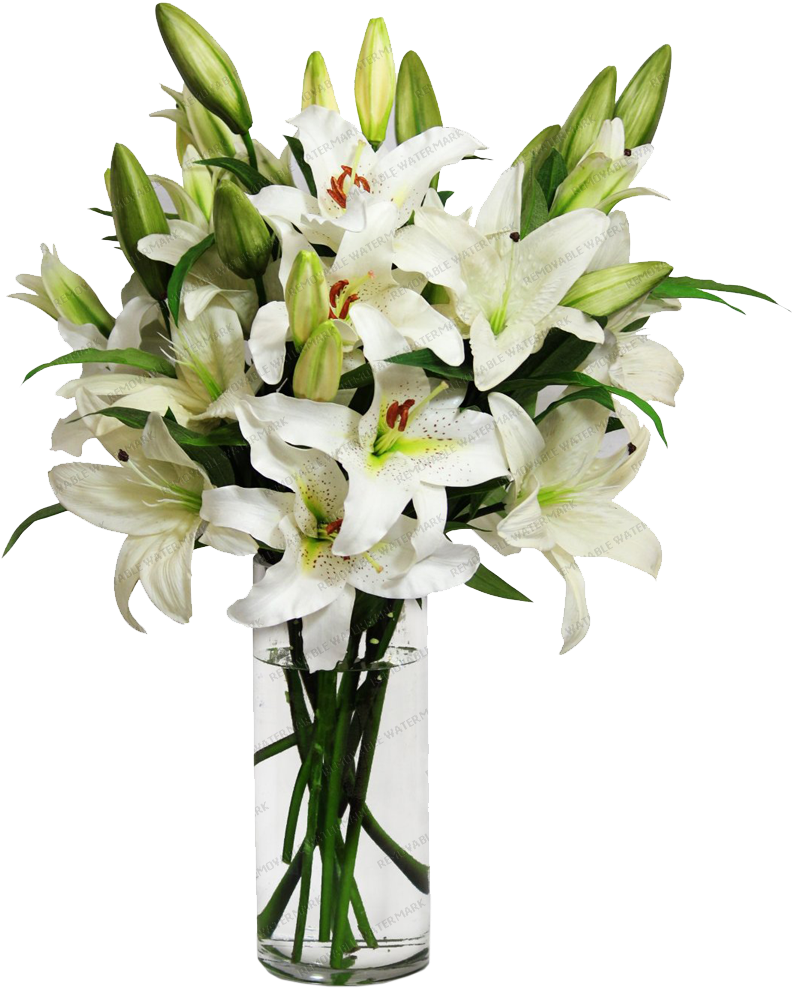 White Lily Bouquet - Flowers In A Vase Transparent (1000x1000)