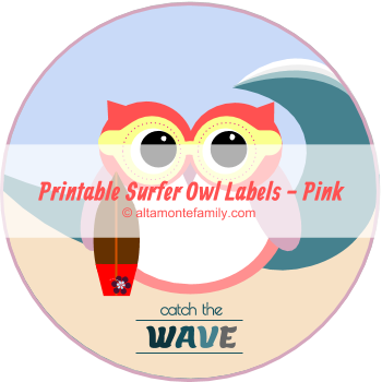 Free Printable Surfer Owl Labels Catch The Wave Pink - Label (350x350)