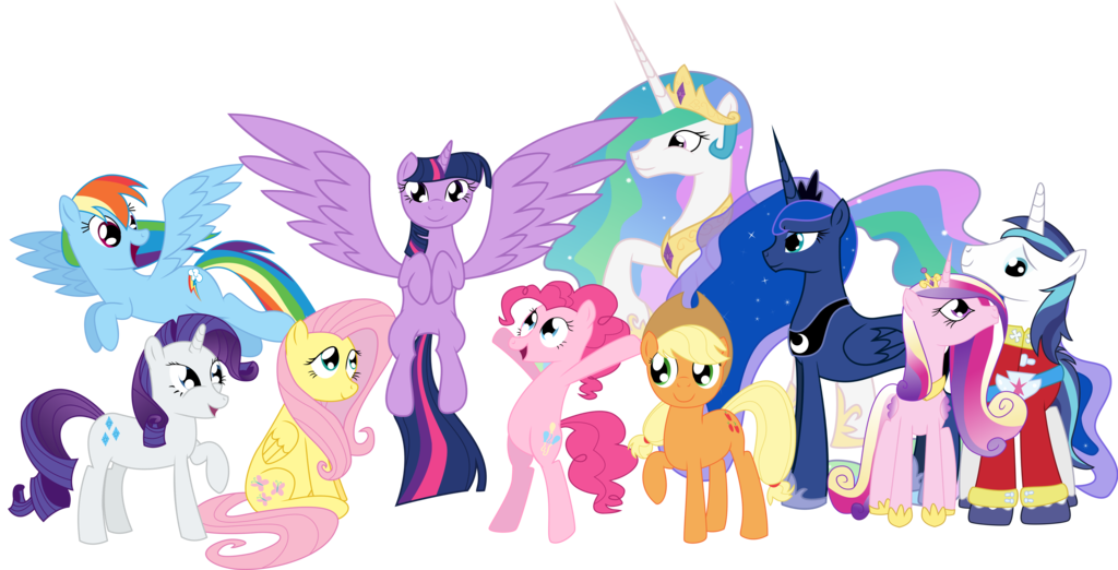 Mane 6 And The Royals By Eillahwolf - Cartoon (1024x522)