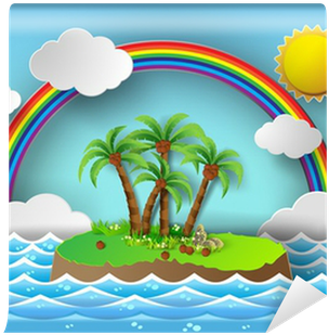 Tropical Palm On Island With Sea And Rainbow - Vector Graphics (400x400)