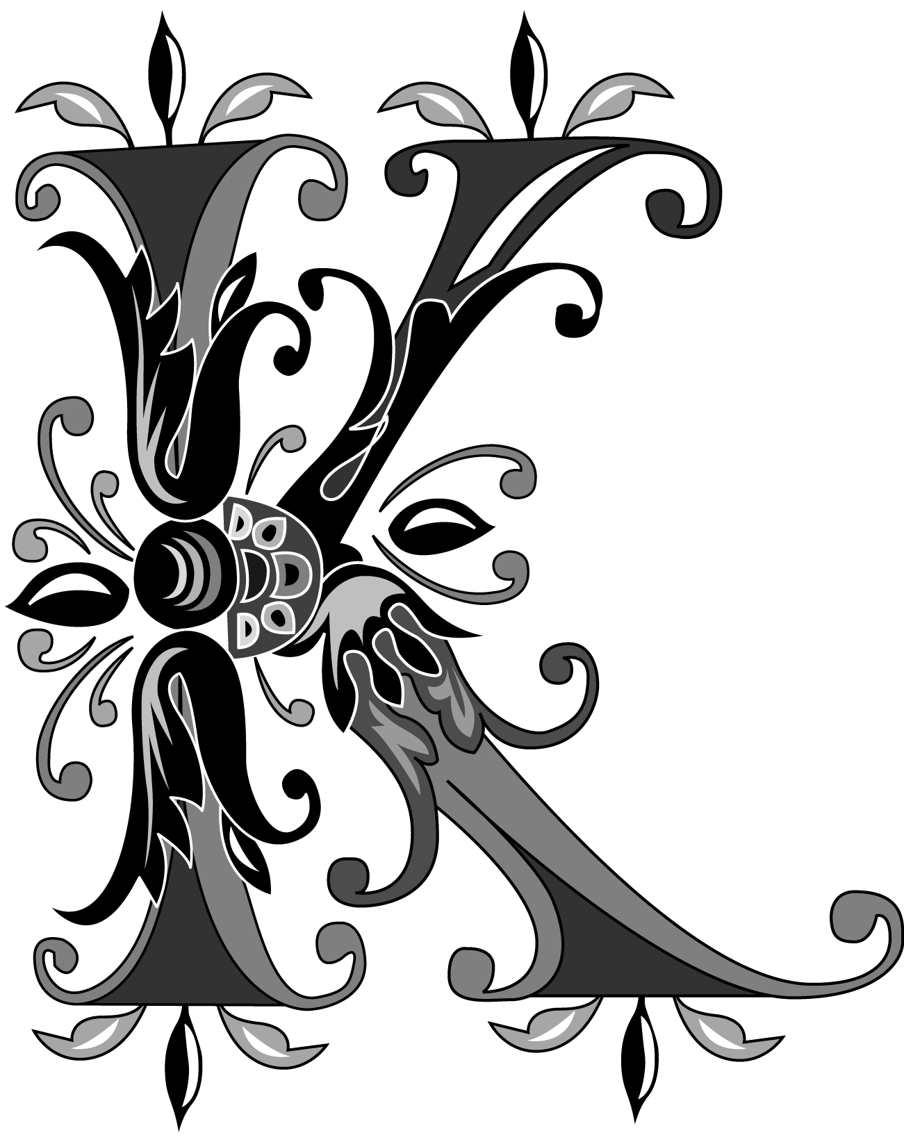 Foliage English Alphabet, Letter K, Black And White - K Letter (1301x1644)
