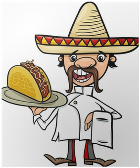 Mexican Chef With Taco Cartoon Illustration Poster - Mexican Taco Cartoon (400x400)