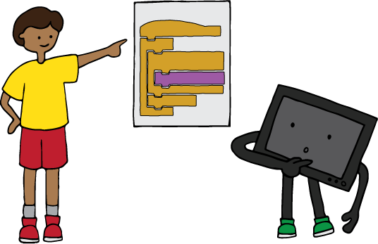 Cartoon Kid Showing Scratch Program To Computer - Computer (536x347)