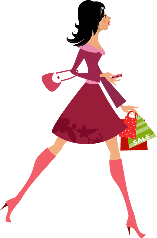 Cartoon Pretty Woman Holding Shopping Bags And Credit - Go Shopping Cartoon Png (650x970)