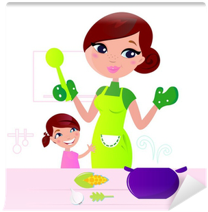 Mother Cooking Healthy Food With Child In Kitchen - Indian Child Cooking Clipart (400x400)