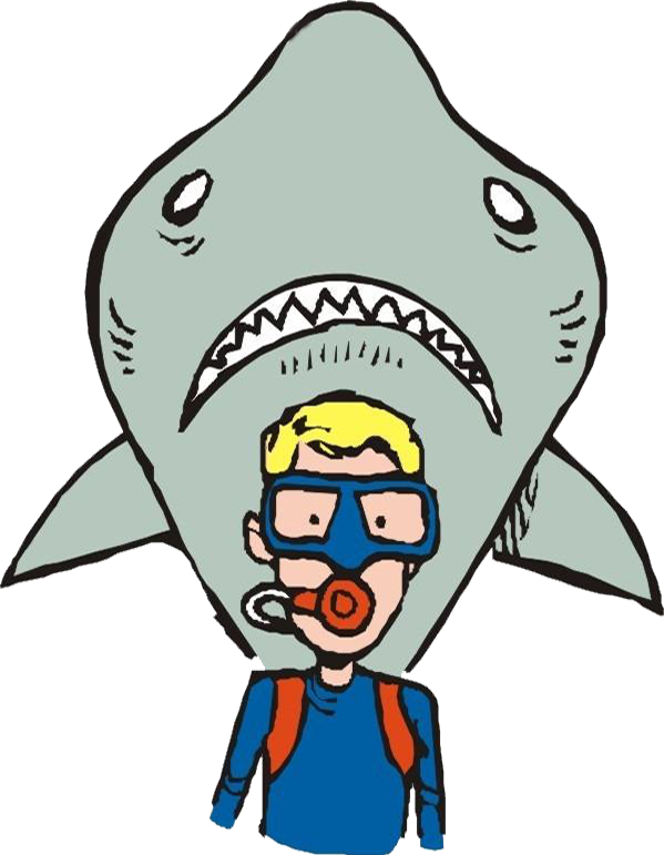 Shark Underwater Diving Clip Art - Diving Man Art Cartoon (599x771)