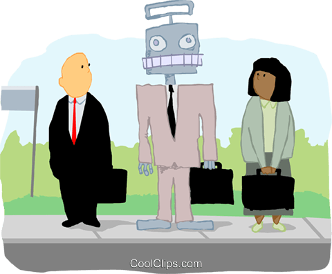 Business People At Bus Stop With Robot Royalty Free - Corporation As A Person (480x397)