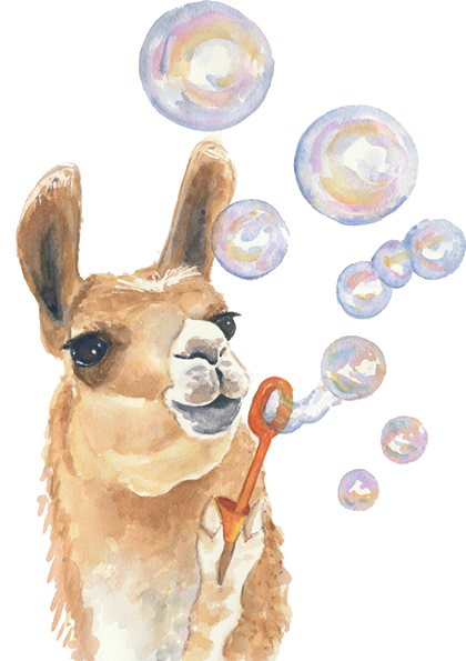 Llama Painting Watercolor Print - Llama Blowing Bubbles (420x595)