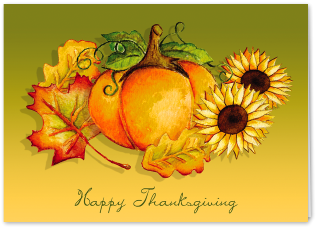 Picture Of Pumpkins & Leaves Greeting Card - Thanksgiving Pumpkin And Leaves Holiday Greeting C (400x400)