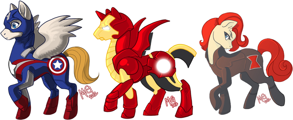Megsyv, Avengers, Black Widow, Captain America, Iron - My Little Pony Thor Horse (1024x433)
