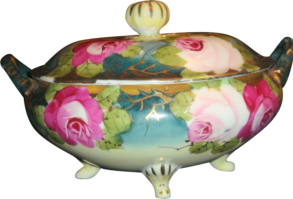 Antique Footed Nippon Cookie Jar Roses Http - Ceramic (1008x1008)