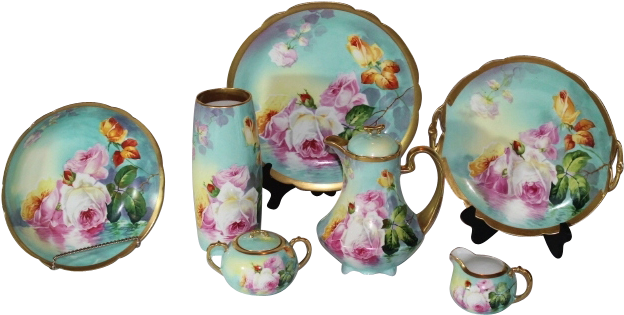 Outstanding French Limoges Tea Roses Antique 7 Piece - Ceramic (623x623)