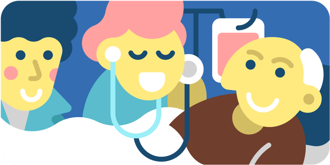 Old Man On Hospital Bed With Doctor - Cartoon (750x416)