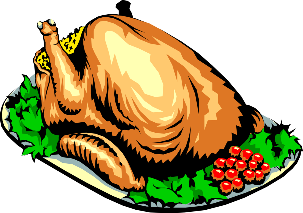 Vector Illustration Of Roast Turkey Poultry Dinner - Platter Of Turkey Clip Art (994x700)