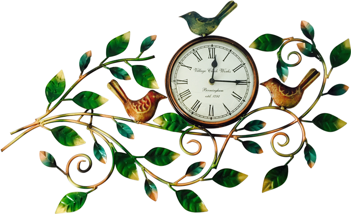 Leaf And Birds Wall Clock Nature Inspired Metal Leaf - Bird Theme Clock (741x464)