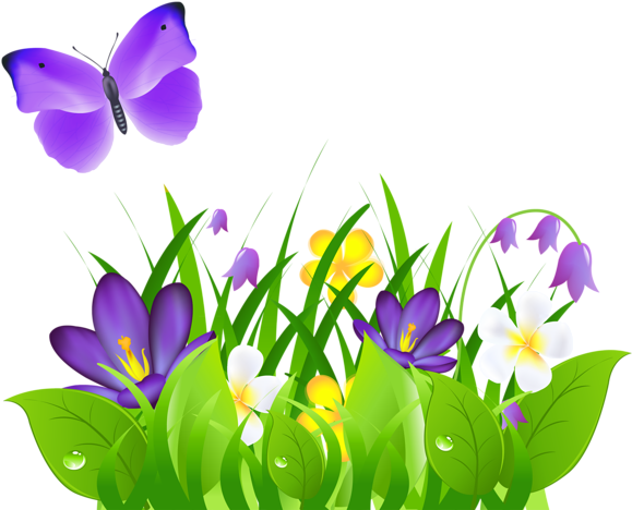 Purple Flowers Grass And Butterfly Png Clipart Picture - Butterfly And Flowers Clipart (850x690)