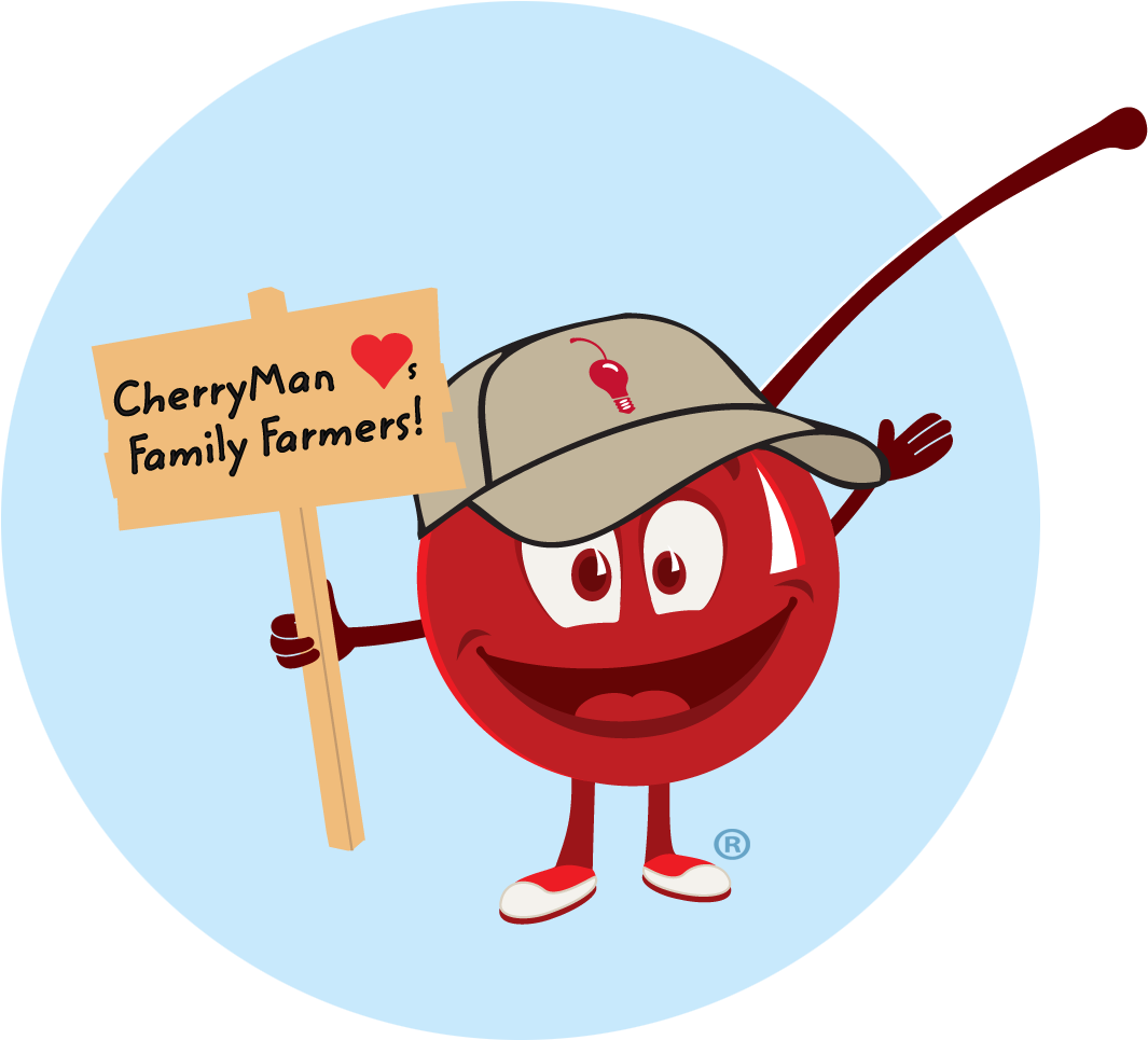 Cherryman Character Image Peeking Up Out Of Green Circle - Cherryman Farm To Market Maraschinos Cherries 10 Oz. (1074x977)