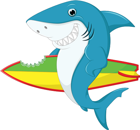 Funny Shark Image With Surf Board - Cartoon Shark Surfing (500x500)