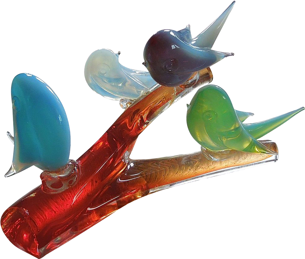 Mid Century Murano Opaline Glass Birds On Branch Sculpture - Budgie (989x989)
