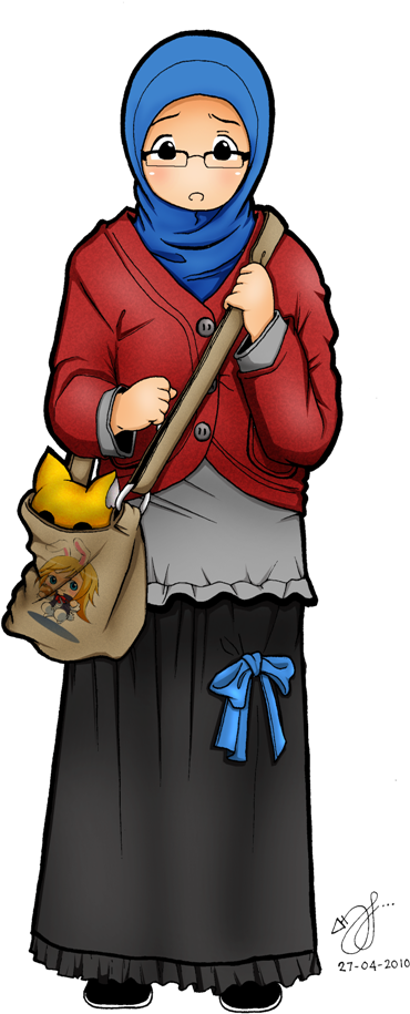 Blue Hijab, Red Jacket, Khaki Bag, Black Skirt, And - Muslim (475x979)