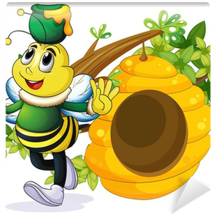 A Bee With A Pot Above Its Head Near The Beehive Wall - Biene Postkarte (400x400)