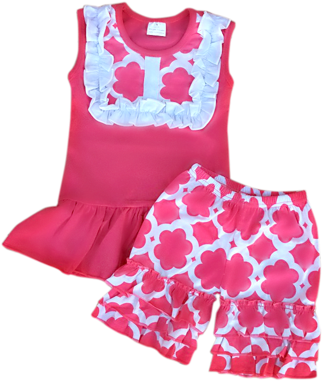 Paris Pink & White Quatrefoil Bibbed Top & Ruffle Shortees - Pattern (800x800)