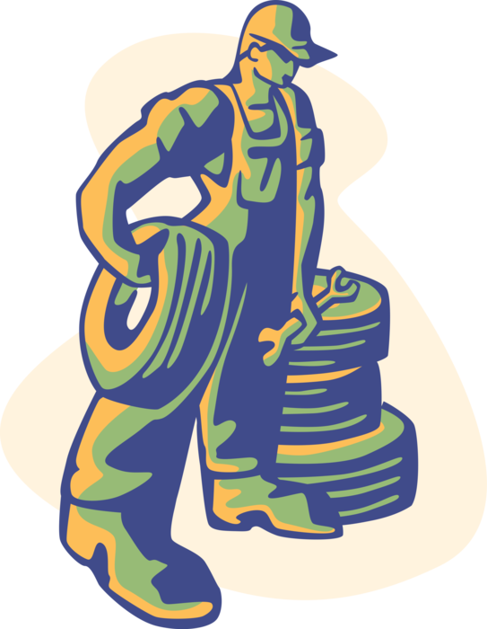 Vector Illustration Of Automotive Service Technician - 100 Pneu (543x700)