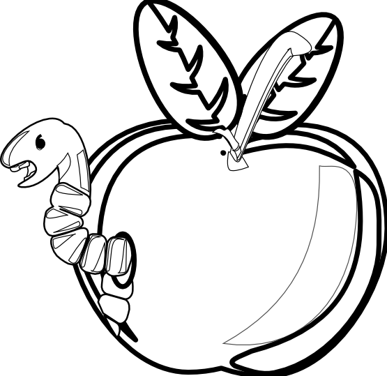 Cartoon Apple With Worm - Rotten Apple Black And White (555x539)