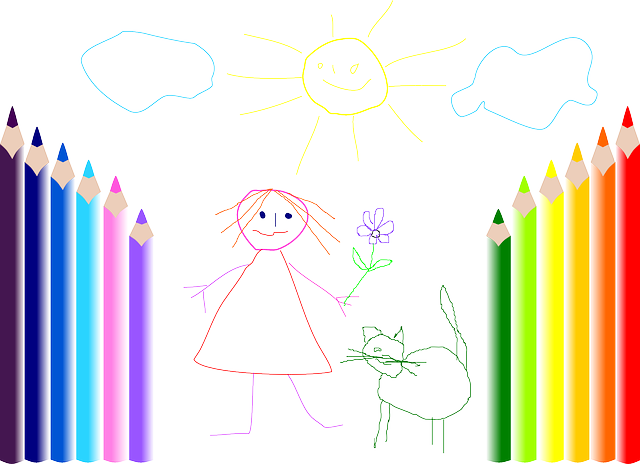 Cat, Drawing, Girl, Kids, Sun, Colors, Pet, Pencils - Blank Drawing Pad For Kids: Play Day Sketchbook, 108 (640x464)