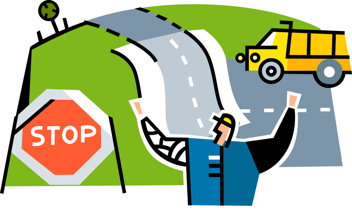 Vector Illustration Of Road Construction Worker Directs - Traffic Sign (1172x700)