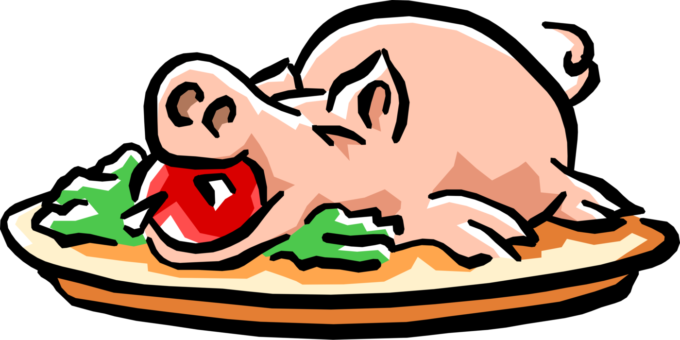 Vector Illustration Of Roast Stuffed Pig With Apple - Pig With Apple (1400x700)