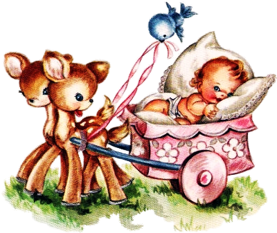 Baby Being Pulled In Carriage By Deer 430×350 Pixels - Vintage Baby Card (430x350)