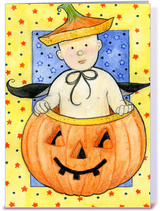 Pumpkin Baby First Halloween Greeting Card By The Art - Pumpkin Baby Halloween Card (435x429)
