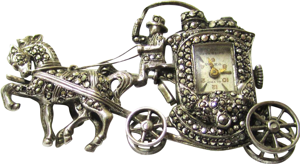 Marcasite Brooch Watch In The Form Of A Horse & Carriage, - Watch (1008x1008)
