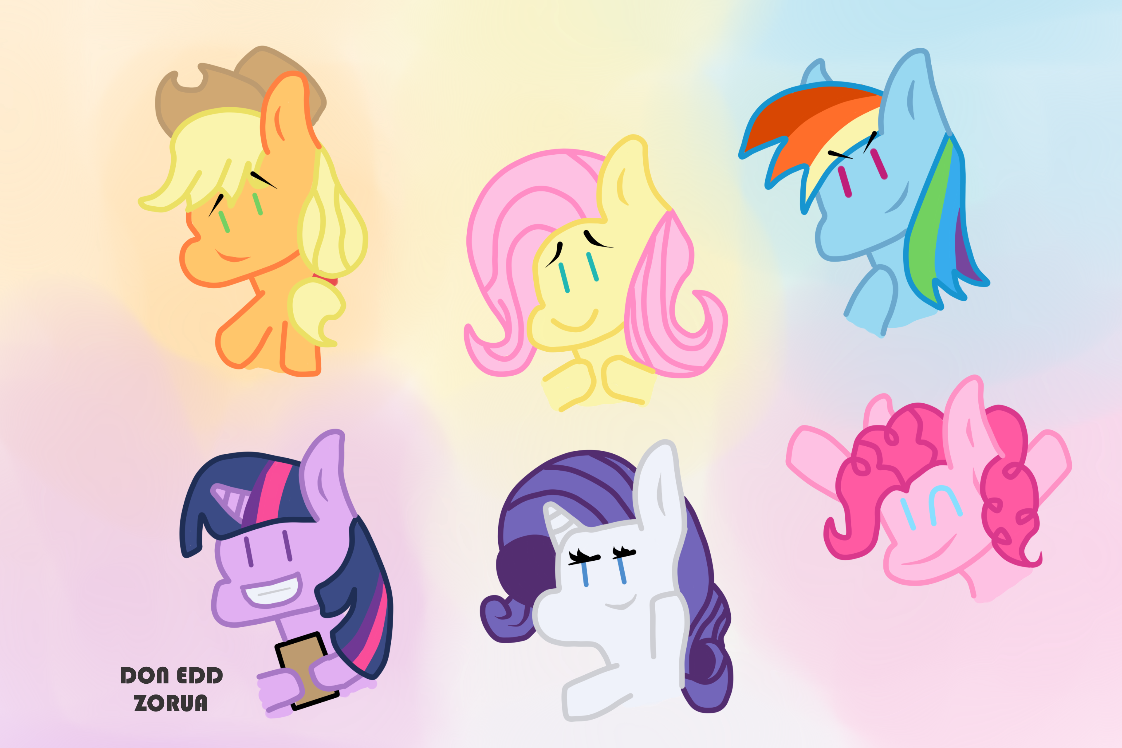 Doneddzorua, Cartoon, Cute, Fluttershy, Mane Six, Pinkie - Cartoon (3837x2559)