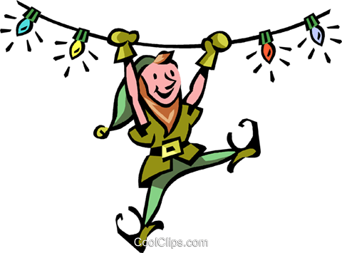 An Elf Swinging From Christmas Lights Royalty Free - Santa Claus And His Elves (480x355)