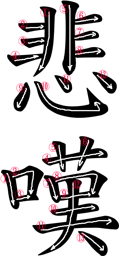 Kanji Stroke Order For 悲嘆 - Sorrow In Japanese (500x966)