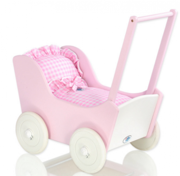 Pink Wooden Pram - Landau De Poupée Rose Mila 2 Carreaux Roses (600x863)