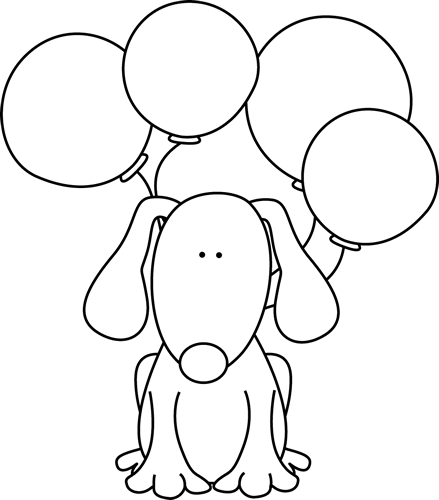 Black And White Dog With Balloons - Black And White (439x500)