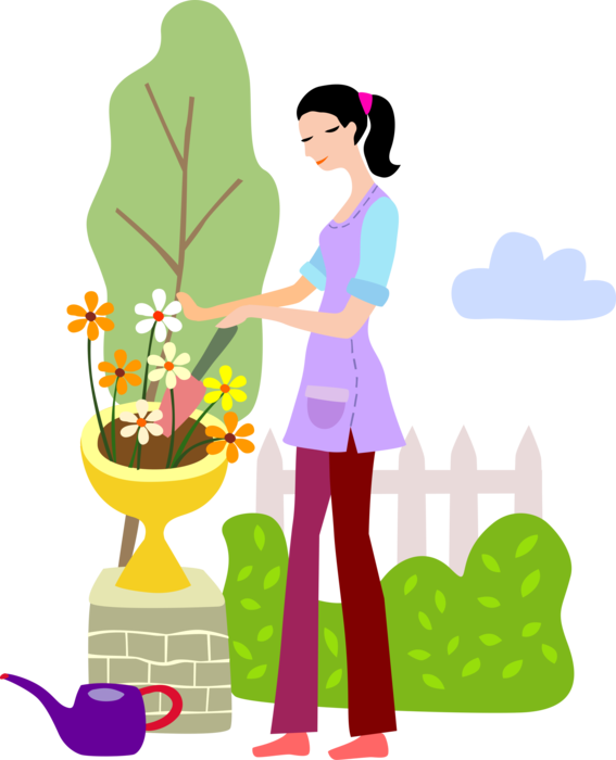 Vector Illustration Of Gardener Plants Flowers With - Cartoon Ladyplanting (567x700)