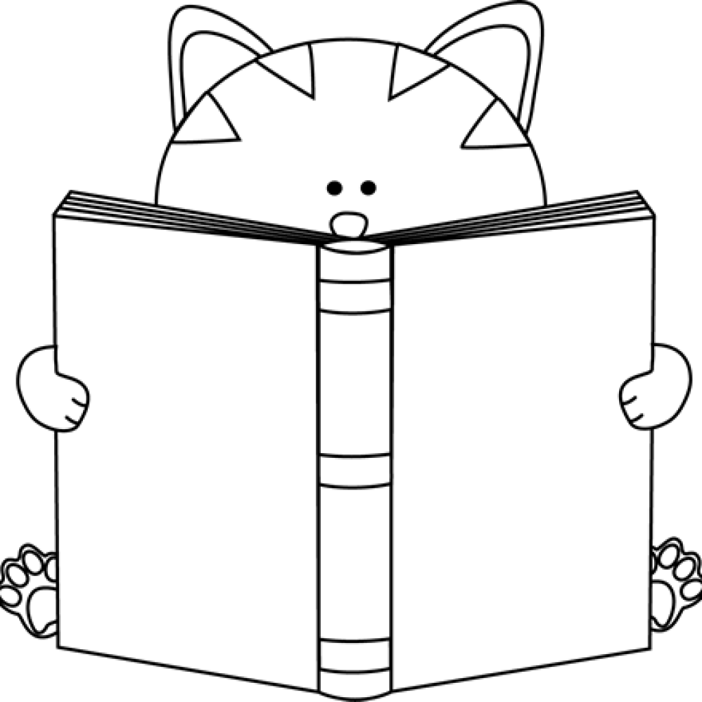 Cat Clipart Black And White Black And White Cat Reading - Cute Book Clipart Black And White (1024x1024)