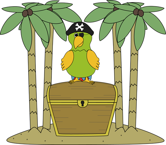 Pirate Parrot On An Island With Treasure Chest - Treasure On An Island (550x479)