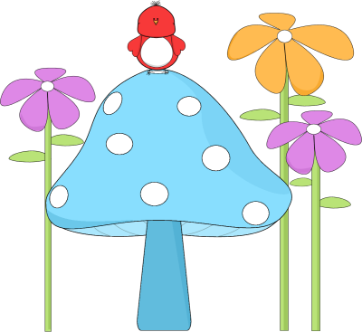 Mushroom With A Bird And Flowers - Birds And Flower Clipart (400x367)