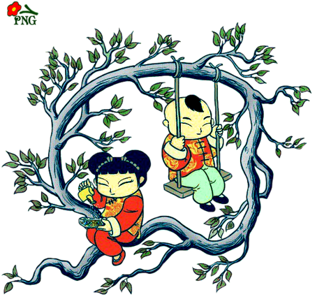 Chinese Children On The Tree Graphics Clipart - Illustration (500x495)