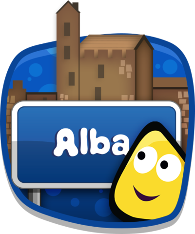 A Cbeebies Bug In Front Of An Alba Sign - Alba Cbeebies (400x480)