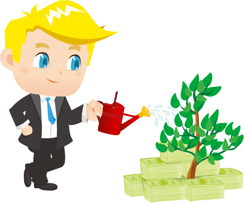 Cartoon Businessman Watering Small Money Plant - Business (800x670)