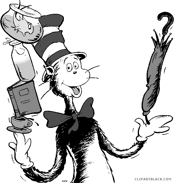 The Cat In The Hat Animal Free Black White Clipart - Read Across America Day (591x621)